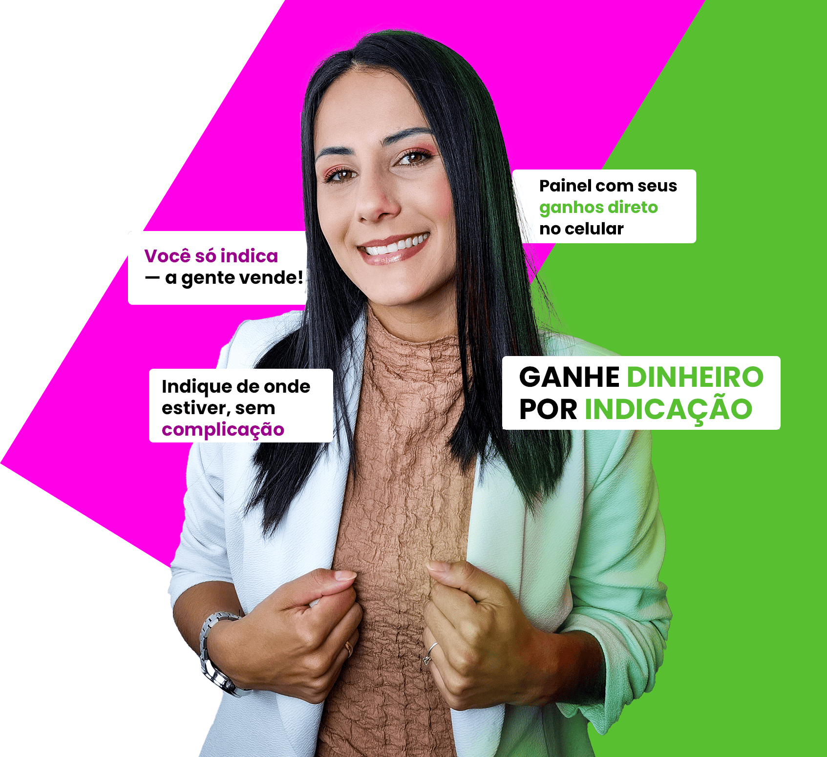 Mulher sorrindo com textos explicativos e fundo geométrico